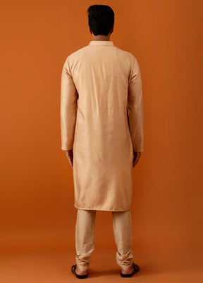 Beige Dupion Silk Full Sleeves Mandarin Collar Long Kurta And Pajama Set - Indian Silk House Agencies