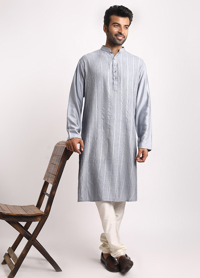 Grey Dupion Silk Full Sleeves Mandarin Collar Long Kurta And Pajama Set - Indian Silk House Agencies