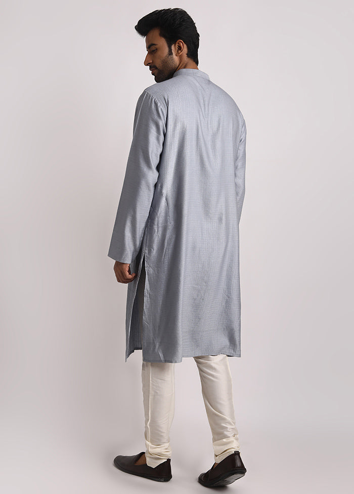 Grey Dupion Silk Full Sleeves Mandarin Collar Long Kurta And Pajama Set - Indian Silk House Agencies