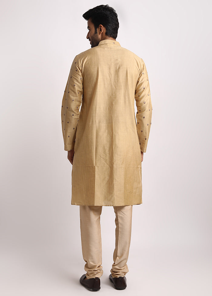 Beige Dupion Silk Full Sleeves Mandarin Collar Long Kurta And Pajama Set - Indian Silk House Agencies