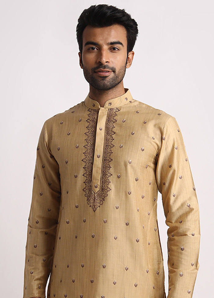 Beige Dupion Silk Full Sleeves Mandarin Collar Long Kurta And Pajama Set - Indian Silk House Agencies