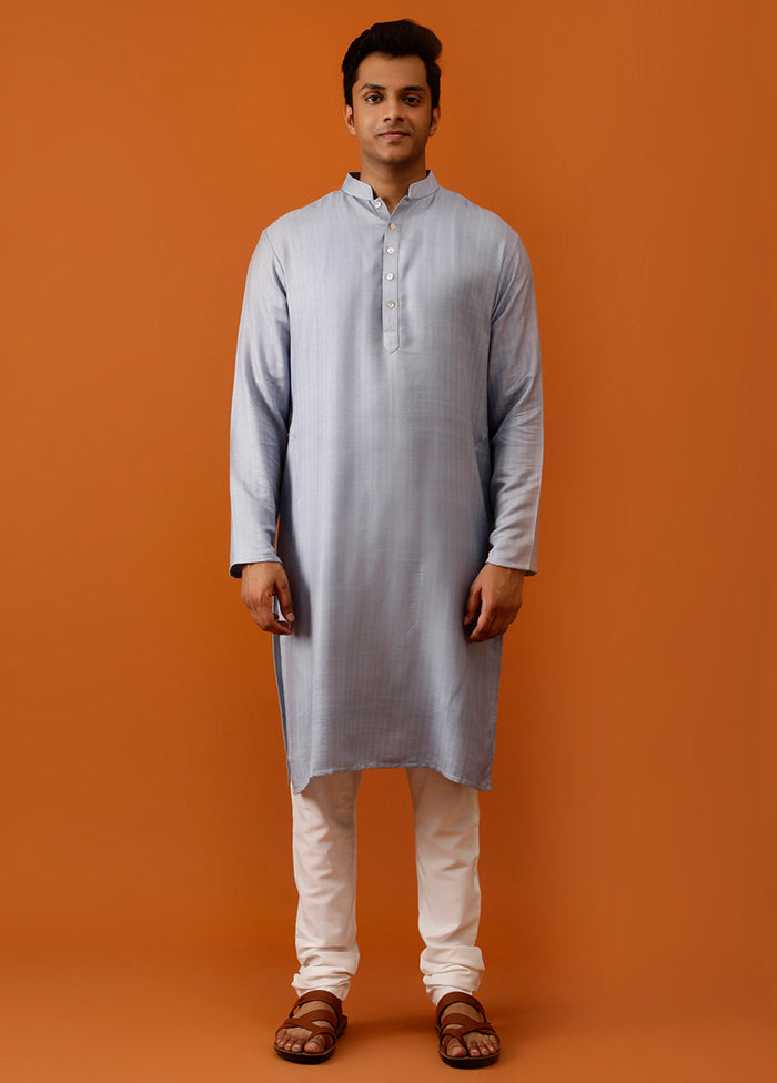 Grey Dupion Silk Full Sleeves Mandarin Collar Long Kurta And Pajama Set - Indian Silk House Agencies