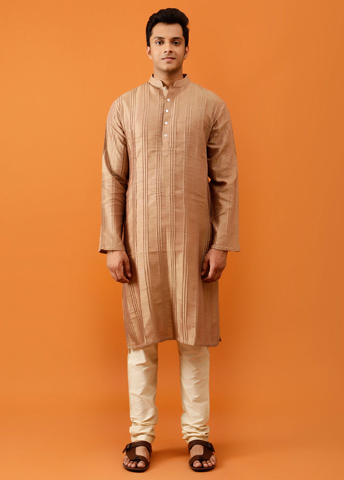 Brown Cotton Full Sleeves Mandarin Collar Long Kurta And Pajama Set - Indian Silk House Agencies