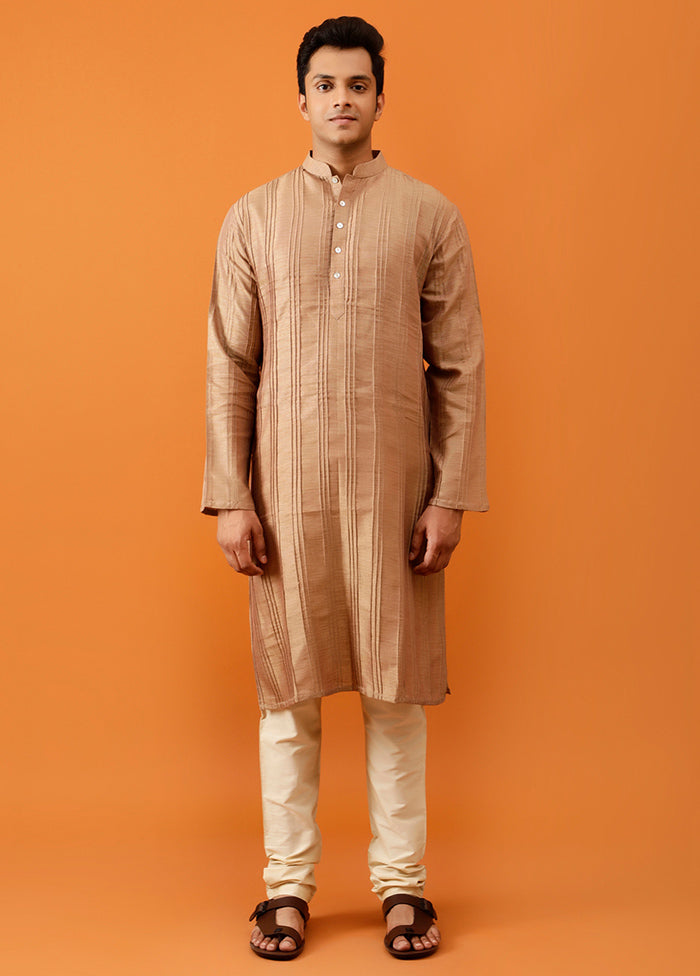 Brown Cotton Full Sleeves Mandarin Collar Long Kurta And Pajama Set