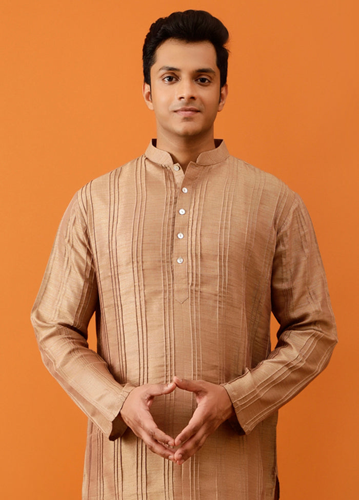 Brown Cotton Full Sleeves Mandarin Collar Long Kurta And Pajama Set - Indian Silk House Agencies