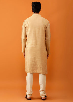 Beige Cotton Full Sleeves Mandarin Collar Long Kurta And Pajama Set - Indian Silk House Agencies