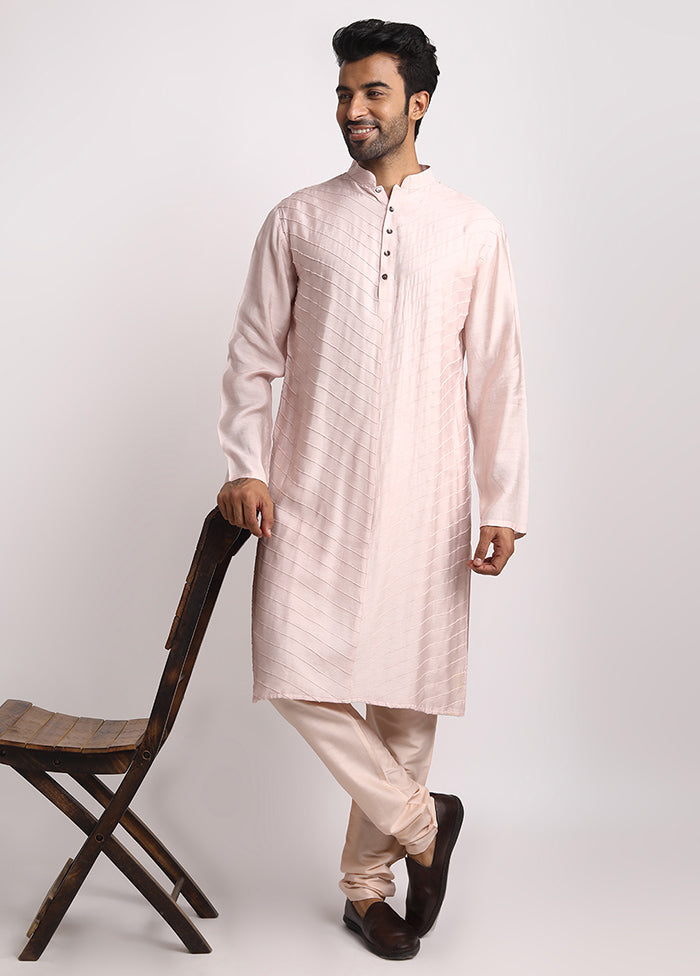 Pink Dupion Silk Full Sleeves Mandarin Collar Long Kurta And Pajama Set - Indian Silk House Agencies