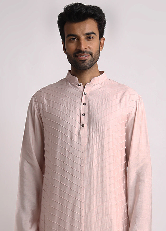 Pink Dupion Silk Full Sleeves Mandarin Collar Long Kurta And Pajama Set - Indian Silk House Agencies