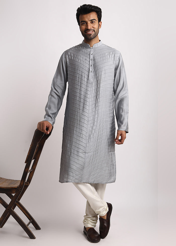 Grey Dupion Silk Full Sleeves Mandarin Collar Long Kurta And Pajama Set - Indian Silk House Agencies