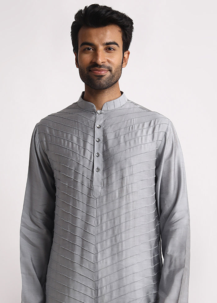 Grey Dupion Silk Full Sleeves Mandarin Collar Long Kurta And Pajama Set - Indian Silk House Agencies