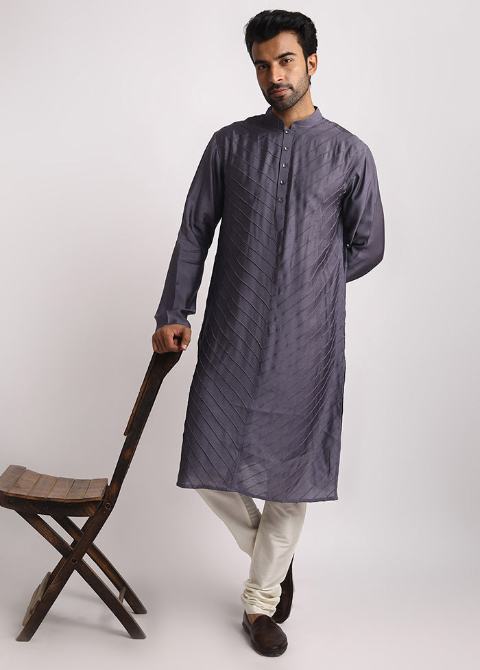 Grey Dupion Silk Full Sleeves Mandarin Collar Long Kurta And Pajama Set - Indian Silk House Agencies