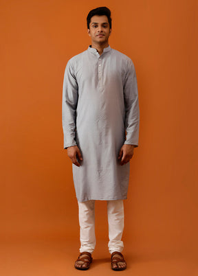 Grey Cotton Full Sleeves Mandarin Collar Long Kurta And Pajama Set - Indian Silk House Agencies