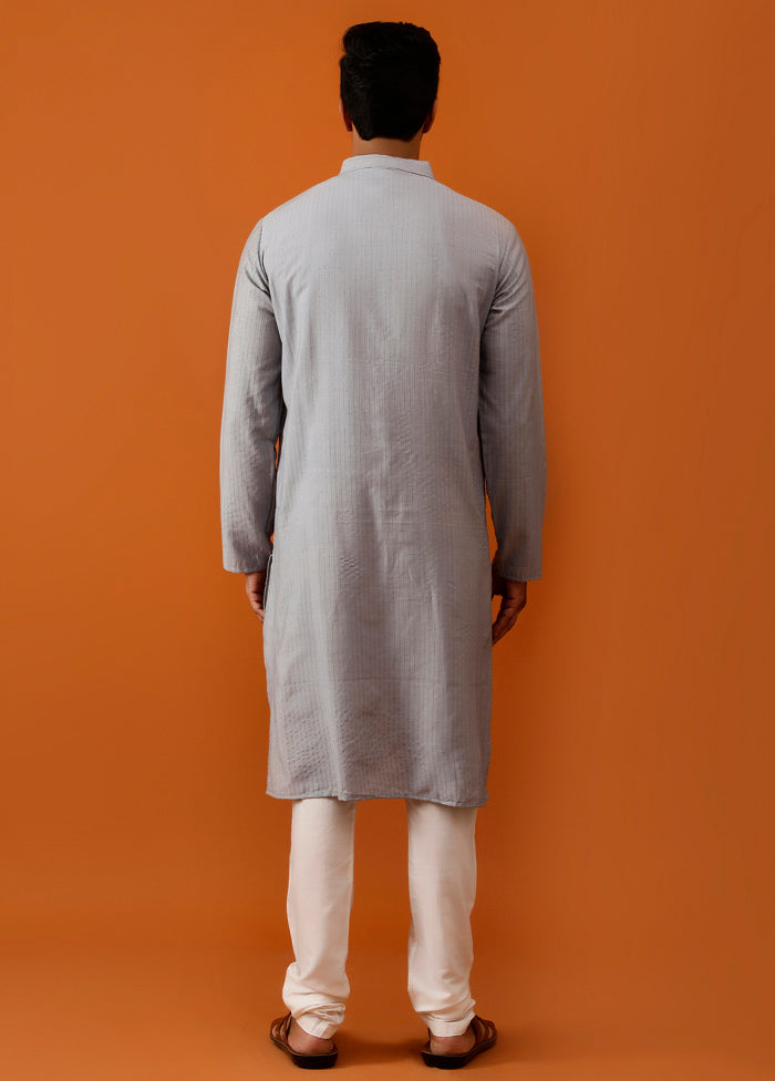 Grey Cotton Full Sleeves Mandarin Collar Long Kurta And Pajama Set - Indian Silk House Agencies