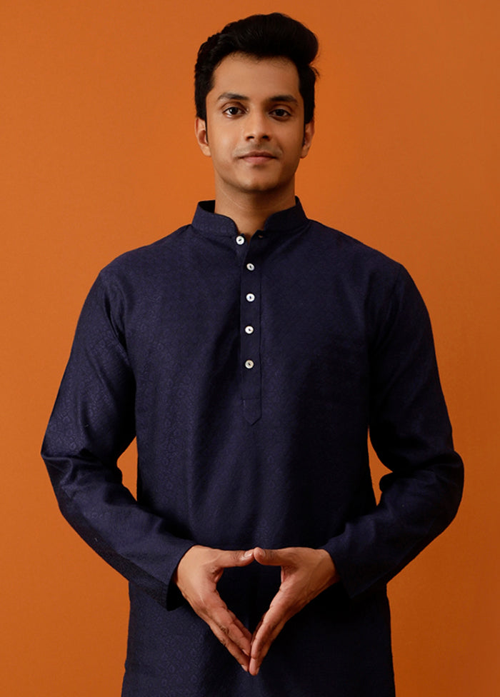 Navy Blue Cotton Full Sleeves Mandarin Collar Long Kurta And Pajama Set - Indian Silk House Agencies