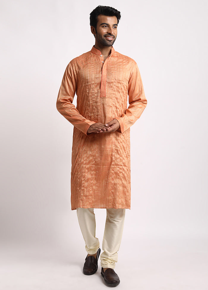 Light Orange Cotton Full Sleeves Mandarin Collar Long Kurta And Pajama Set - Indian Silk House Agencies