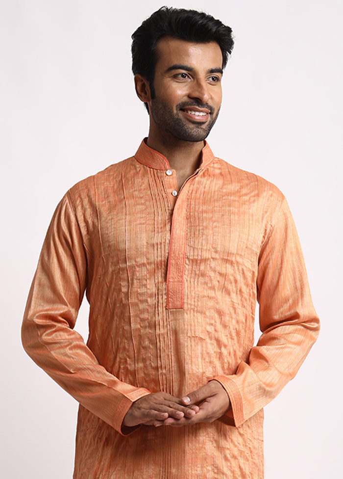 Light Orange Cotton Full Sleeves Mandarin Collar Long Kurta And Pajama Set - Indian Silk House Agencies