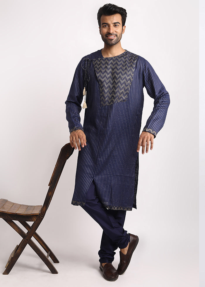 Blue Cotton Full Sleeves Mandarin Collar Long Kurta And Pajama Set - Indian Silk House Agencies