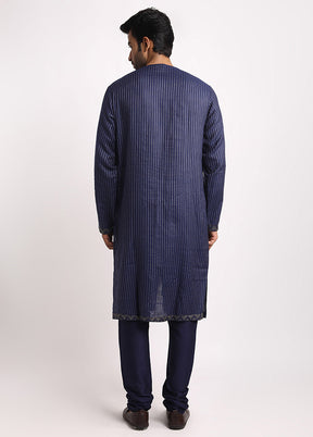 Blue Cotton Full Sleeves Mandarin Collar Long Kurta And Pajama Set