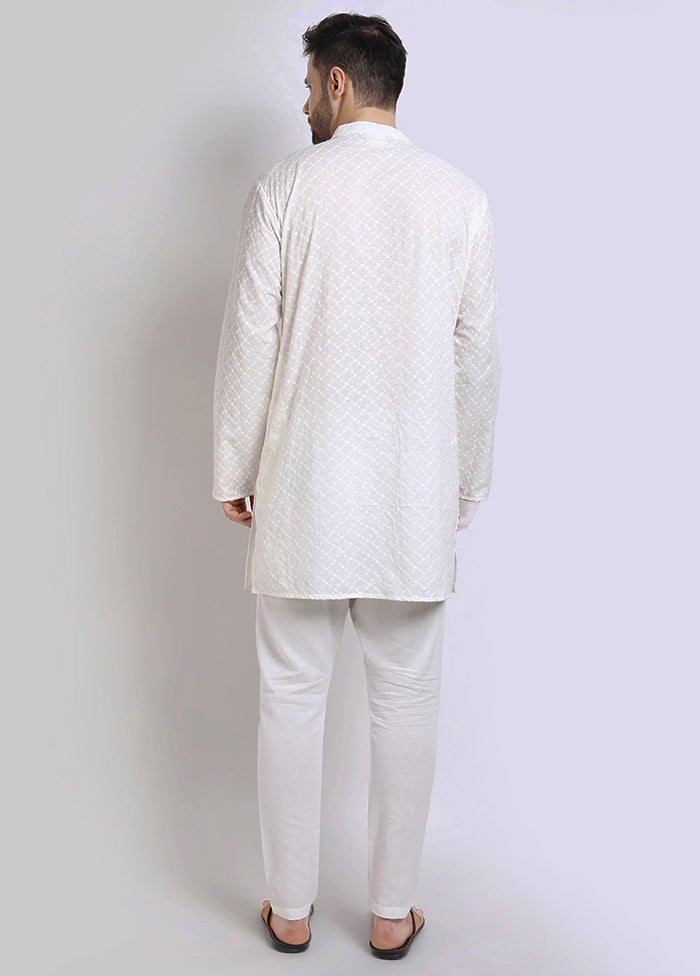 White Cotton Full Sleeves Mandarin Collar Mid Length Kurta - Indian Silk House Agencies