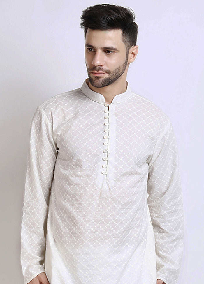 White Cotton Full Sleeves Mandarin Collar Mid Length Kurta - Indian Silk House Agencies