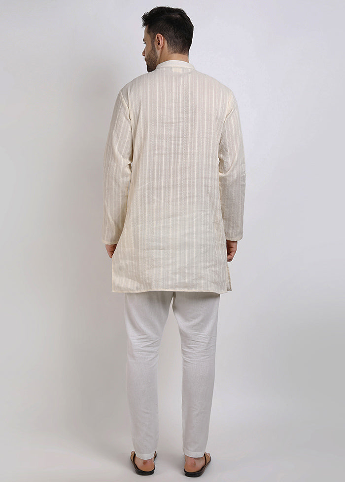 Off White Cotton Full Sleeves Mandarin Collar Mid Length Kurta - Indian Silk House Agencies