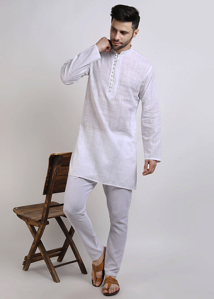 White Cotton Full Sleeves Mandarin Collar Mid Length Kurta - Indian Silk House Agencies