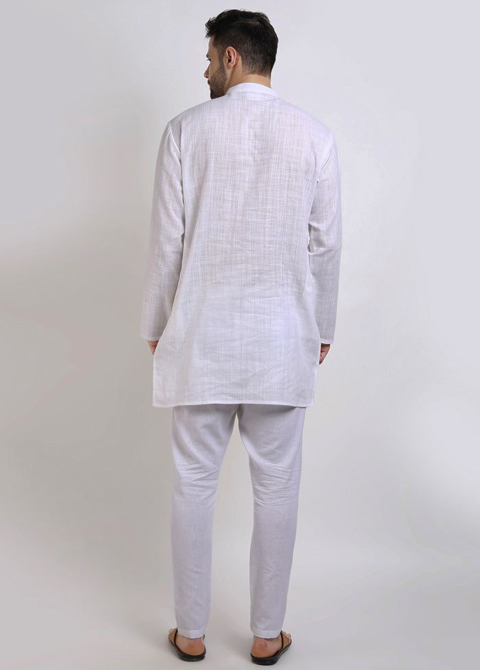 White Cotton Full Sleeves Mandarin Collar Mid Length Kurta - Indian Silk House Agencies