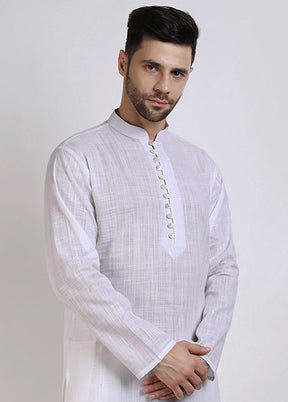 White Cotton Full Sleeves Mandarin Collar Mid Length Kurta - Indian Silk House Agencies