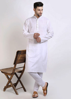 White Cotton Full Sleeves Mandarin Collar Long Kurta And Pajama Set - Indian Silk House Agencies