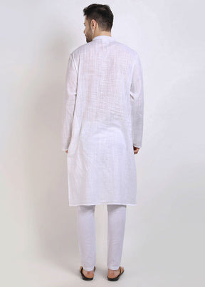 White Cotton Full Sleeves Mandarin Collar Long Kurta And Pajama Set - Indian Silk House Agencies