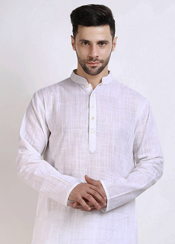 White Cotton Full Sleeves Mandarin Collar Long Kurta And Pajama Set - Indian Silk House Agencies