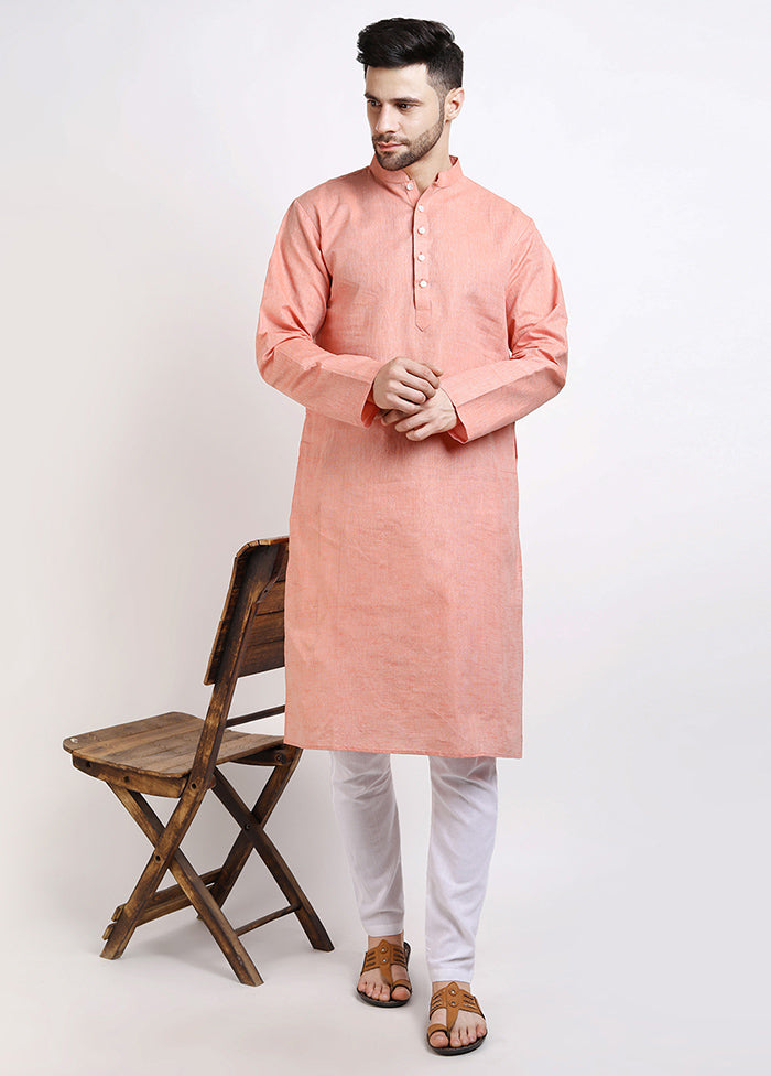 Orange Cotton Full Sleeves Mandarin Collar Long Kurta And Pajama Set - Indian Silk House Agencies