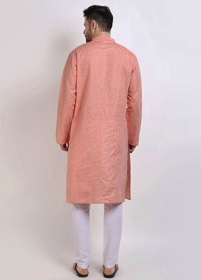 Orange Cotton Full Sleeves Mandarin Collar Long Kurta And Pajama Set - Indian Silk House Agencies