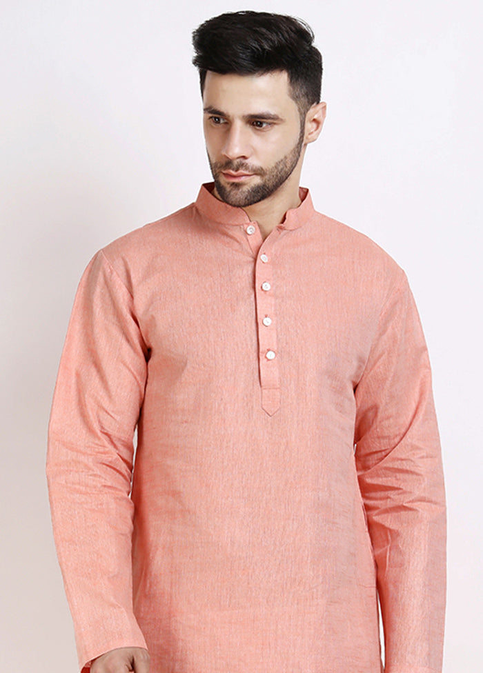 Orange Cotton Full Sleeves Mandarin Collar Long Kurta And Pajama Set - Indian Silk House Agencies