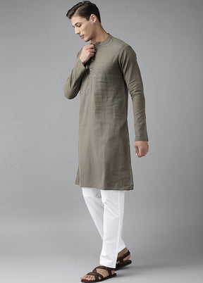 2 Pc Khaki Pure Cotton Solid Kurta Set VDVSD240688 - Indian Silk House Agencies