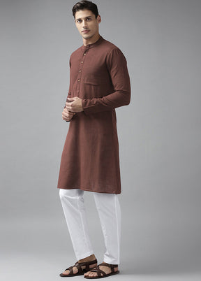 2 Pc Brown Pure Cotton Solid Kurta Set VDVSD240697 - Indian Silk House Agencies