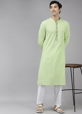 2 Pc Lime Green Printed Cotton Kurta Set VDVSD240644 - Indian Silk House Agencies