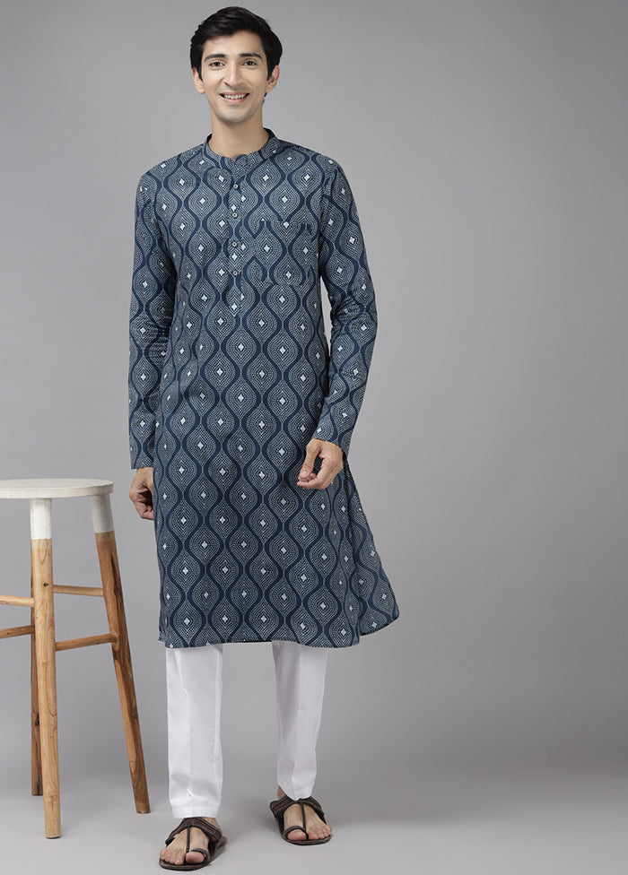 2 Pc Blue Printed Cotton Kurta Set VDVSD240649 - Indian Silk House Agencies