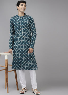 2 Pc Teal Printed Cotton Kurta Set VDVSD240652 - Indian Silk House Agencies