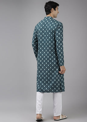 2 Pc Teal Printed Cotton Kurta Set VDVSD240652 - Indian Silk House Agencies