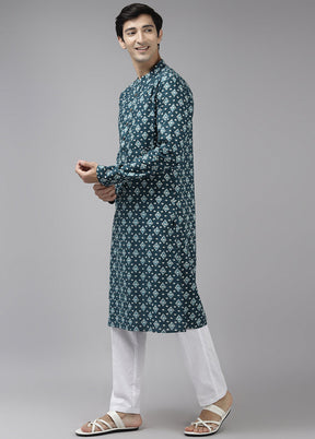 2 Pc Teal Printed Cotton Kurta Set VDVSD240652 - Indian Silk House Agencies