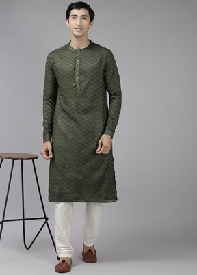 2 Pc Olive Green Woven Silk Kurta Set VDVSD240659 - Indian Silk House Agencies