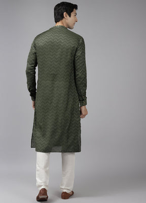 2 Pc Olive Green Woven Silk Kurta Set VDVSD240659 - Indian Silk House Agencies