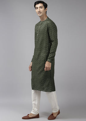 2 Pc Olive Green Woven Silk Kurta Set VDVSD240659 - Indian Silk House Agencies