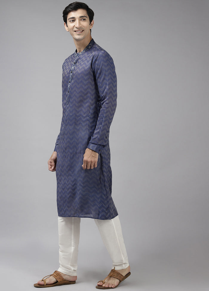 2 Pc Royal Blue Woven Silk Kurta Set VDVSD240660 - Indian Silk House Agencies