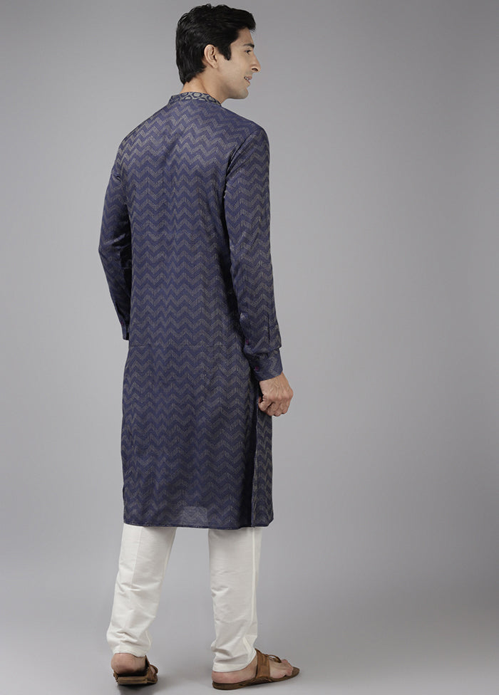 2 Pc Navy Blue Woven Silk Kurta Set VDVSD240664 - Indian Silk House Agencies