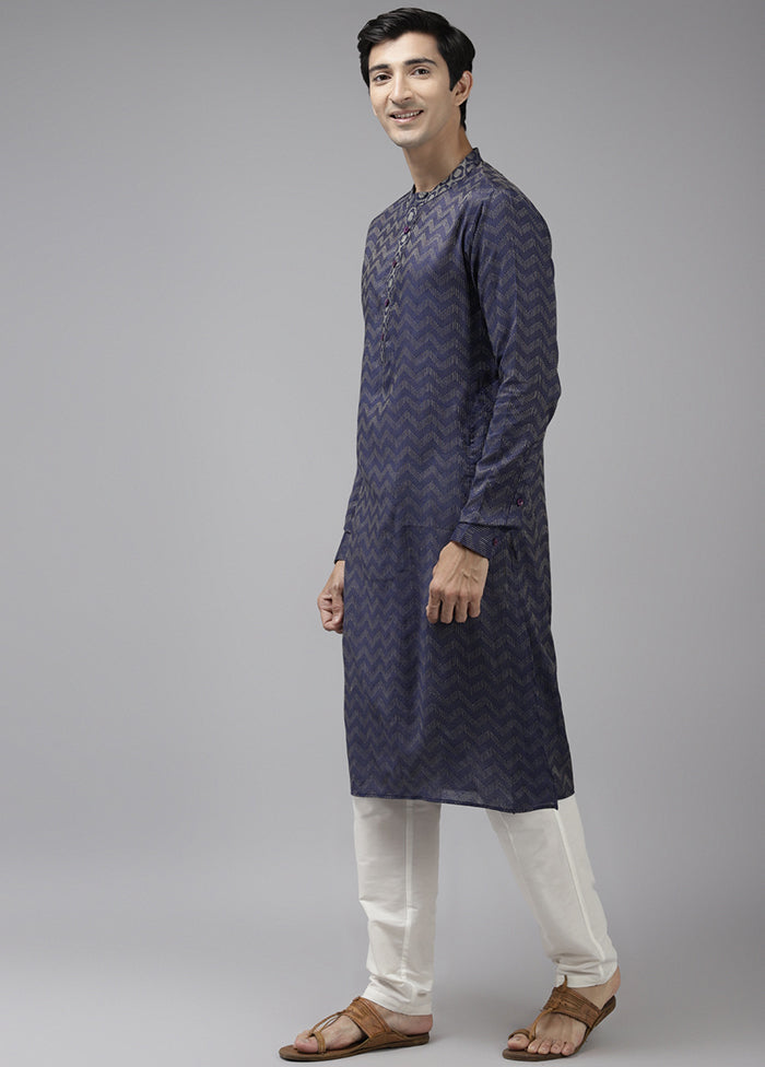 2 Pc Navy Blue Woven Silk Kurta Set VDVSD240664 - Indian Silk House Agencies