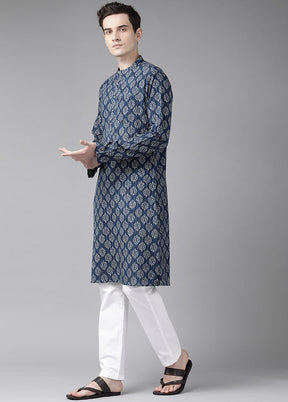 2 Pc Blue Printed Cotton Kurta Set VDVSD240628 - Indian Silk House Agencies