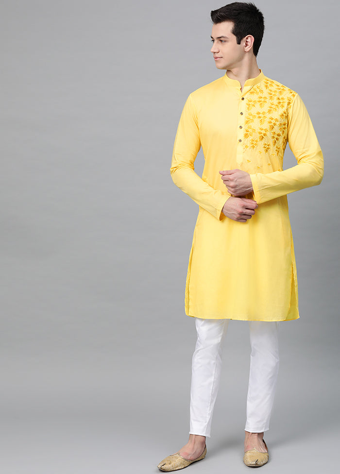 2 Pc Yellow Embroidered Cotton Kurta Set VDVSD240601 - Indian Silk House Agencies