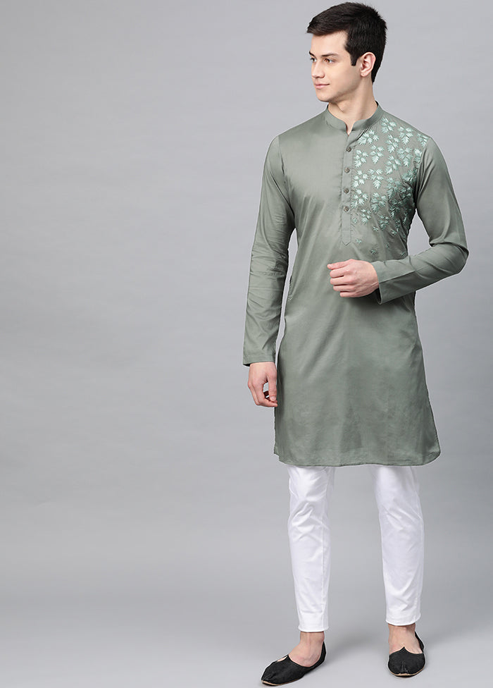 2 Pc Olive Green Embroidered Cotton Kurta Set VDVSD240604 - Indian Silk House Agencies